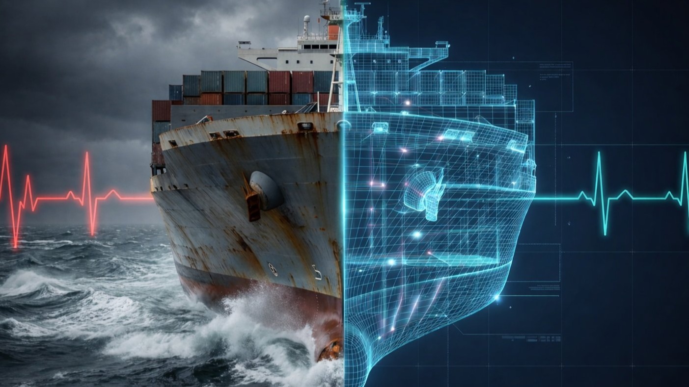 A container ship at sea seen from the bow — the left half shows the real, rust-streaked steel hull pounding through a grey storm with a red flatline ECG trace fading out behind it; the right half shows the same vessel rendered as a glowing cyan wireframe digital twin, lit by sensor nodes, with a healthy ECG trace pulsing alongside.